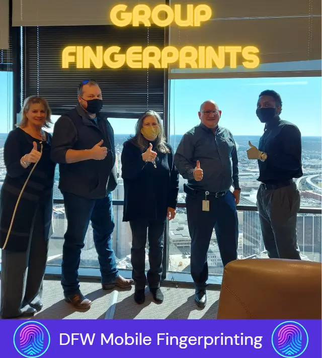 Group fingerprinting in DFW — five-person corporate team at their downtown Dallas office